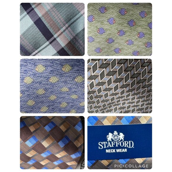 Stafford 100% Silk Necktie Green Blue Fish Plaid Geo Print Tie 58-62'X4" Lot X 5 - Picture 1 of 14